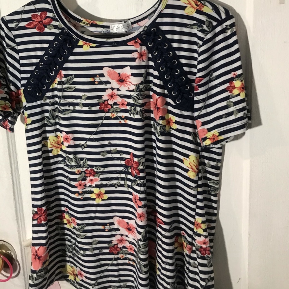 Floral, blue striped blouse
